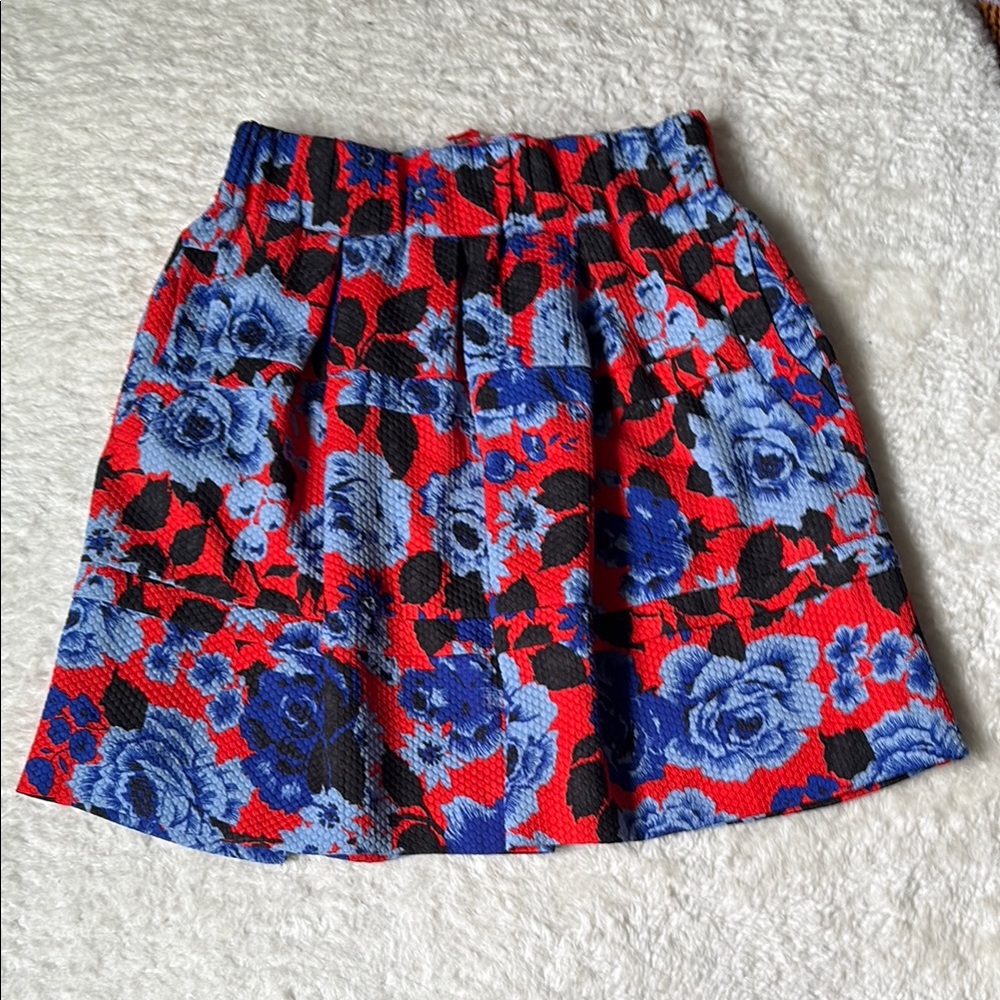 Anthropologie HD In Paris Red and Blue Floral A-Line Skirt